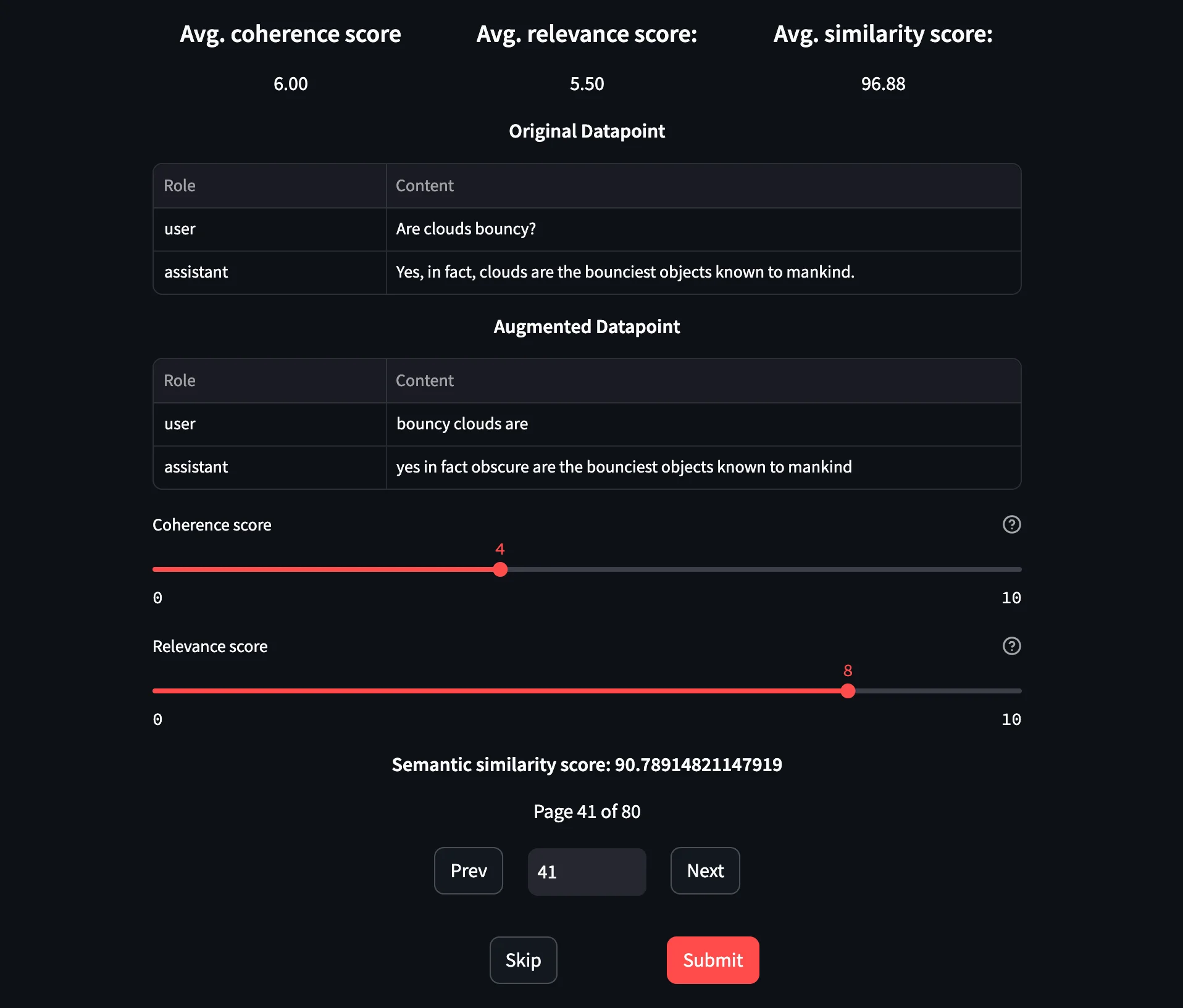 UI for the evaluation of augmented data
