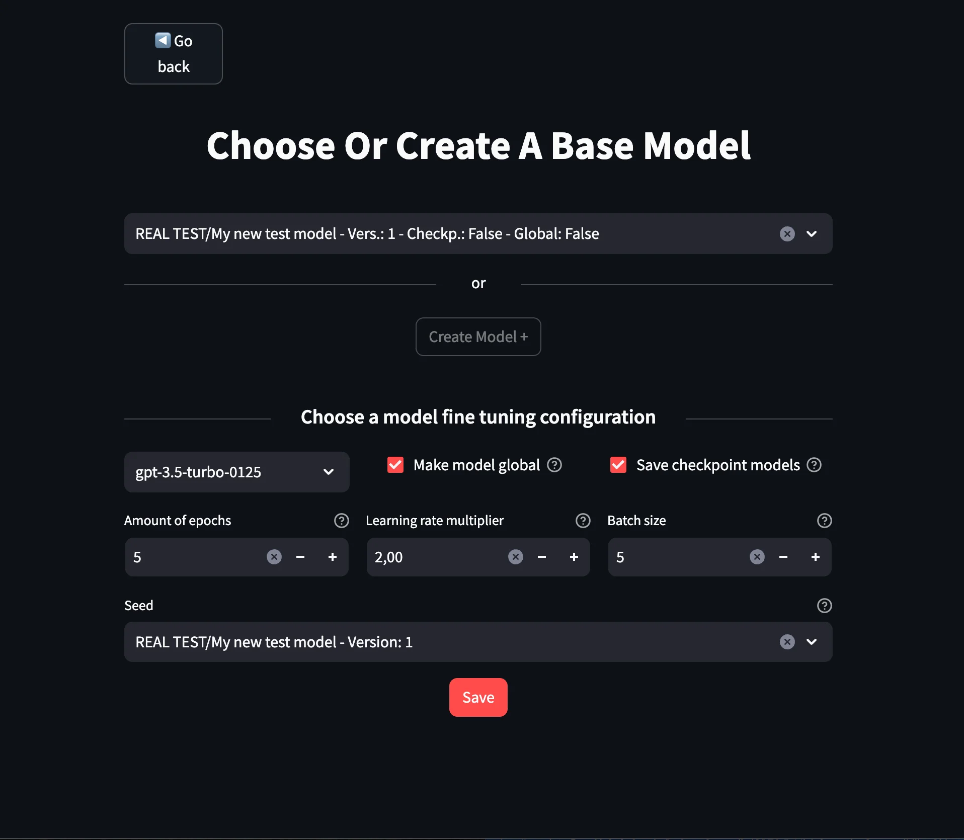 UI for child fine tuning model specifications