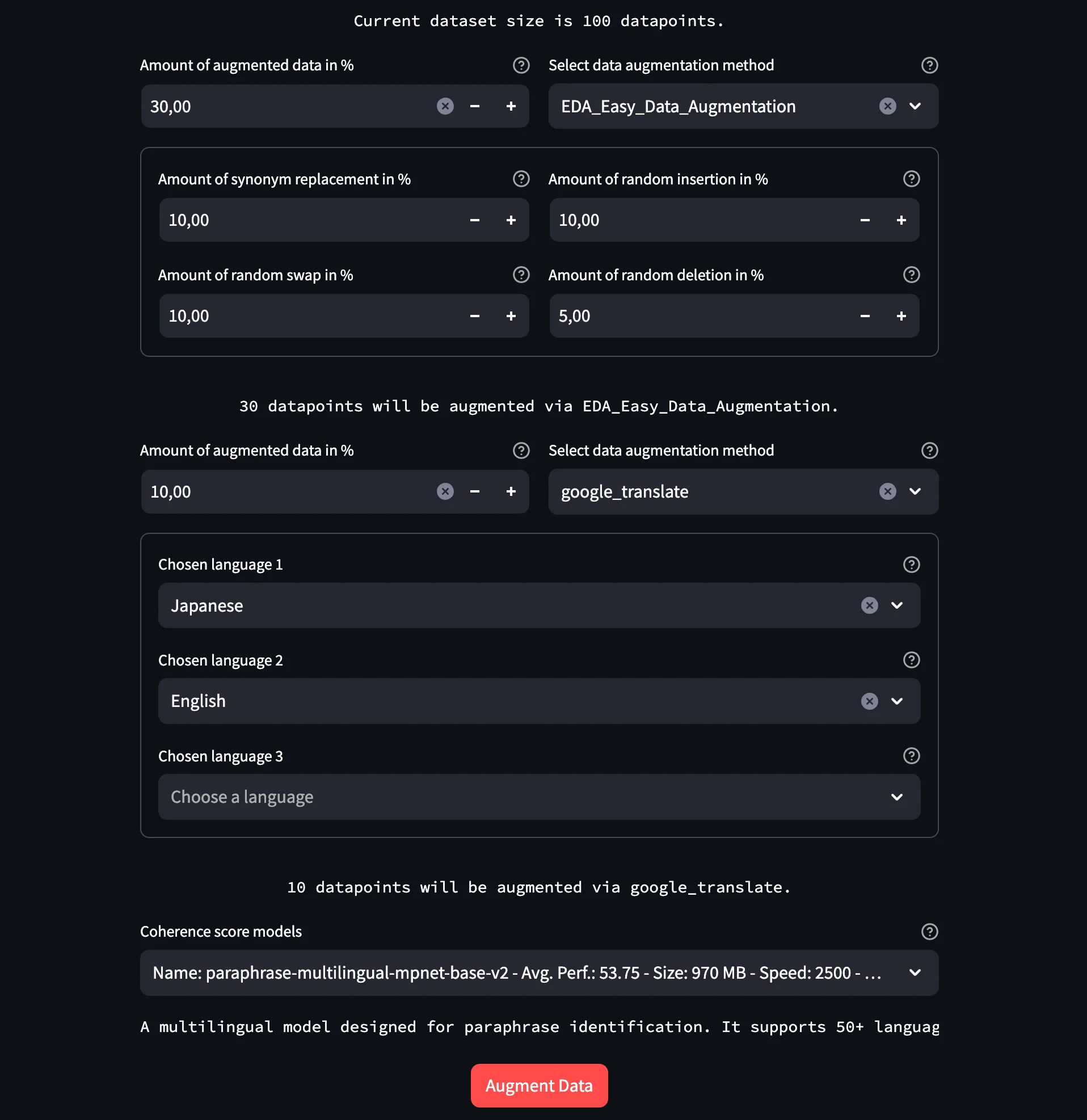UI for data augmentation with multiple different methods