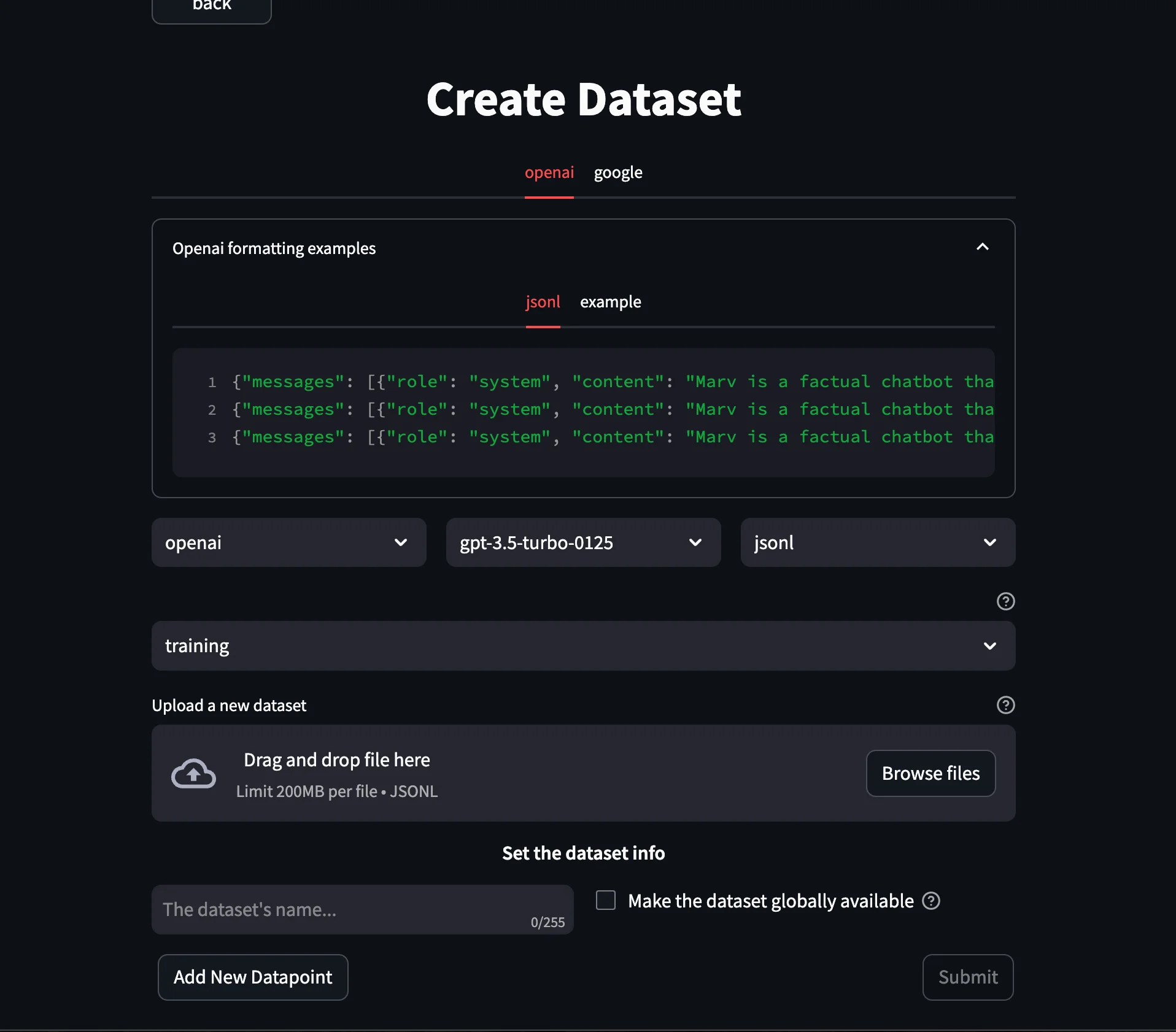 Page for dataset creation