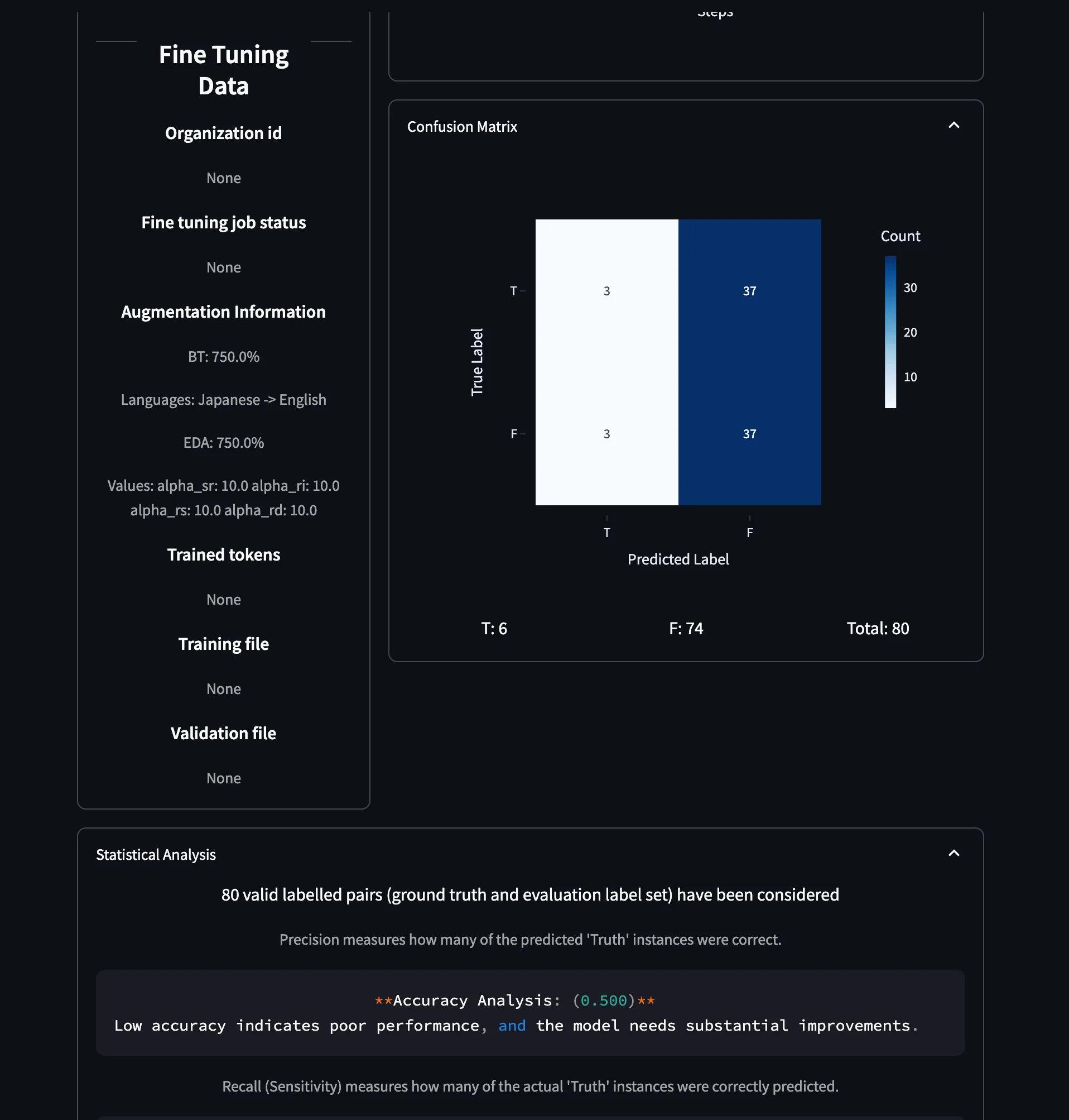 Overview of statistical evaluations for a specific fine tuned model part 2