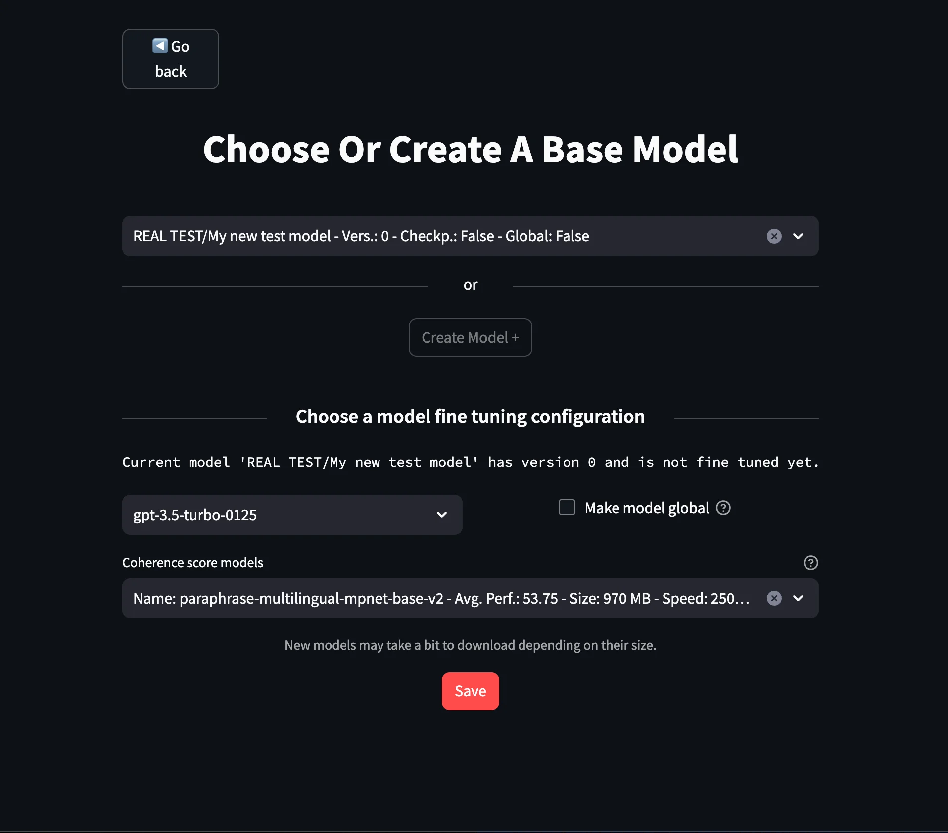 UI for initial fine tuning model specifications
