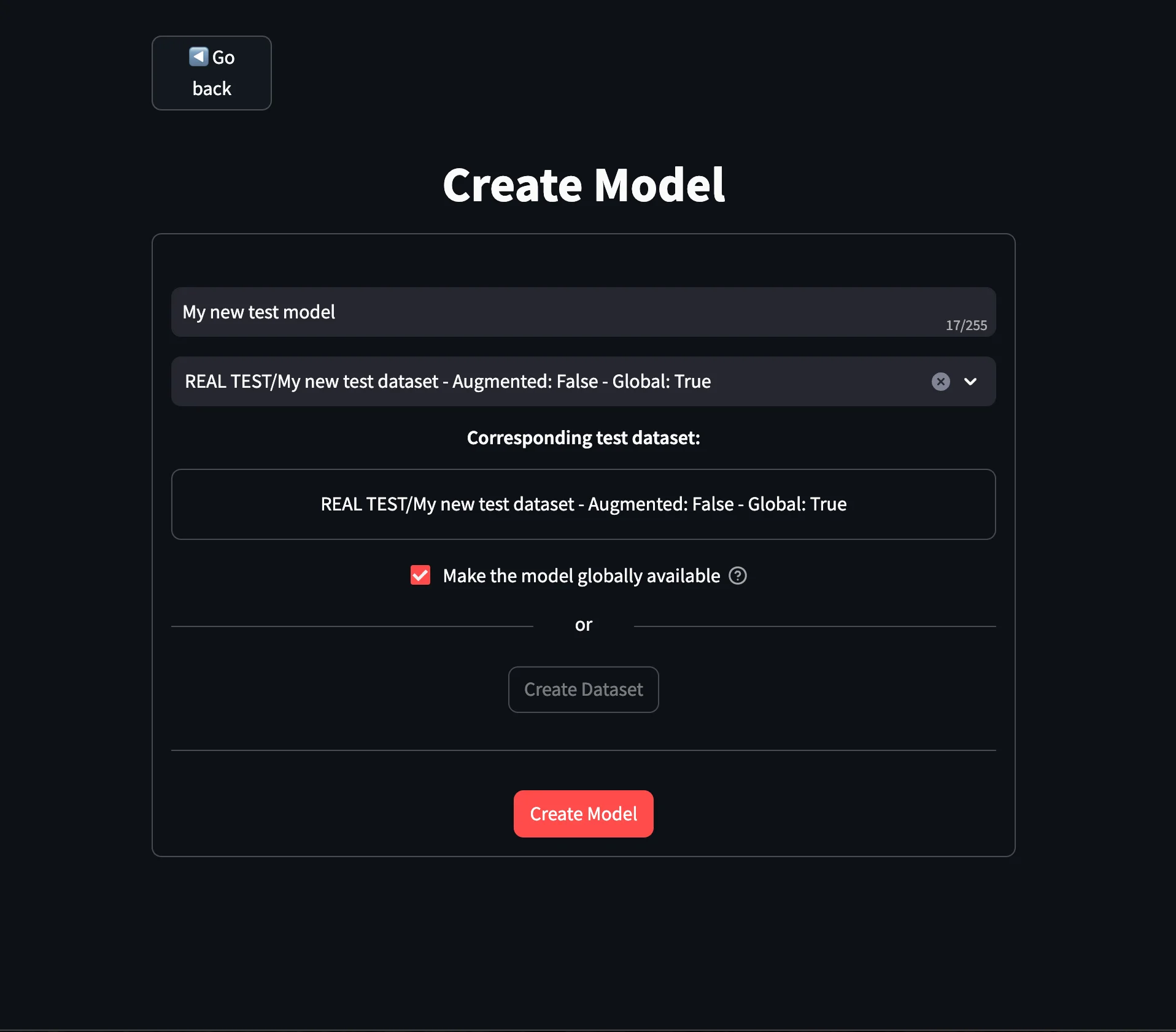 UI for initial model creation