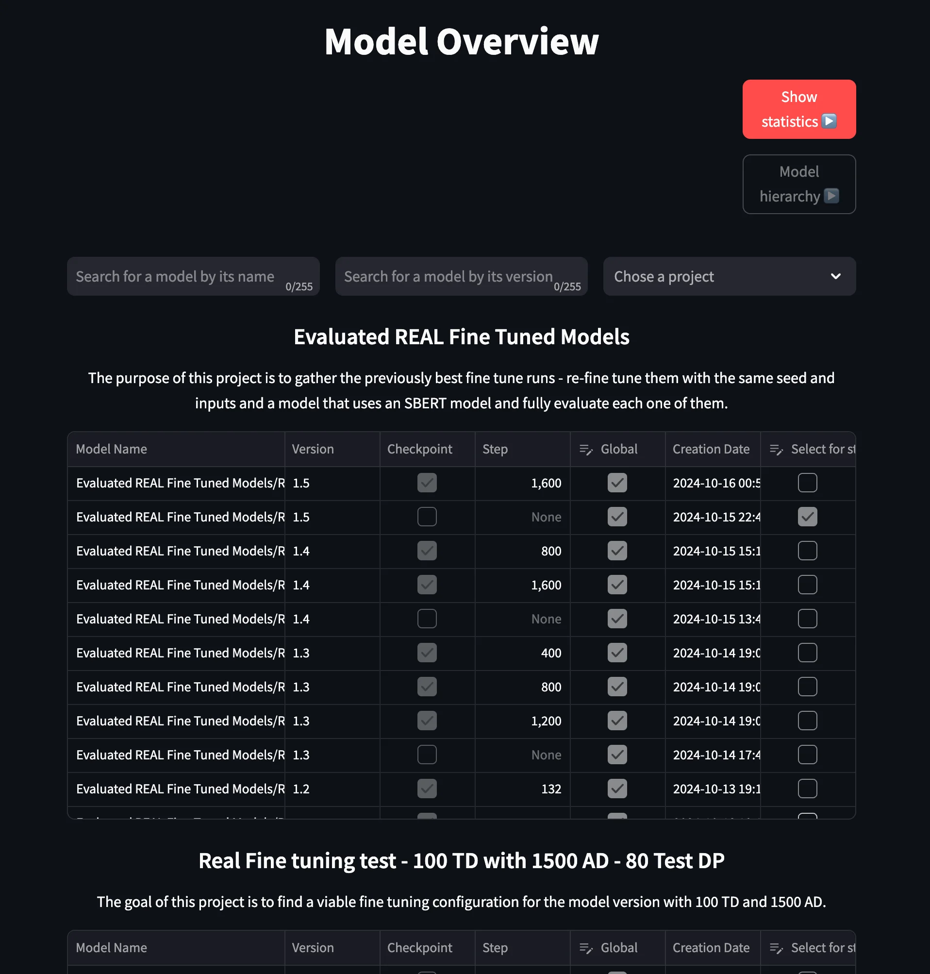 Model selection UI for statistical evaluation
