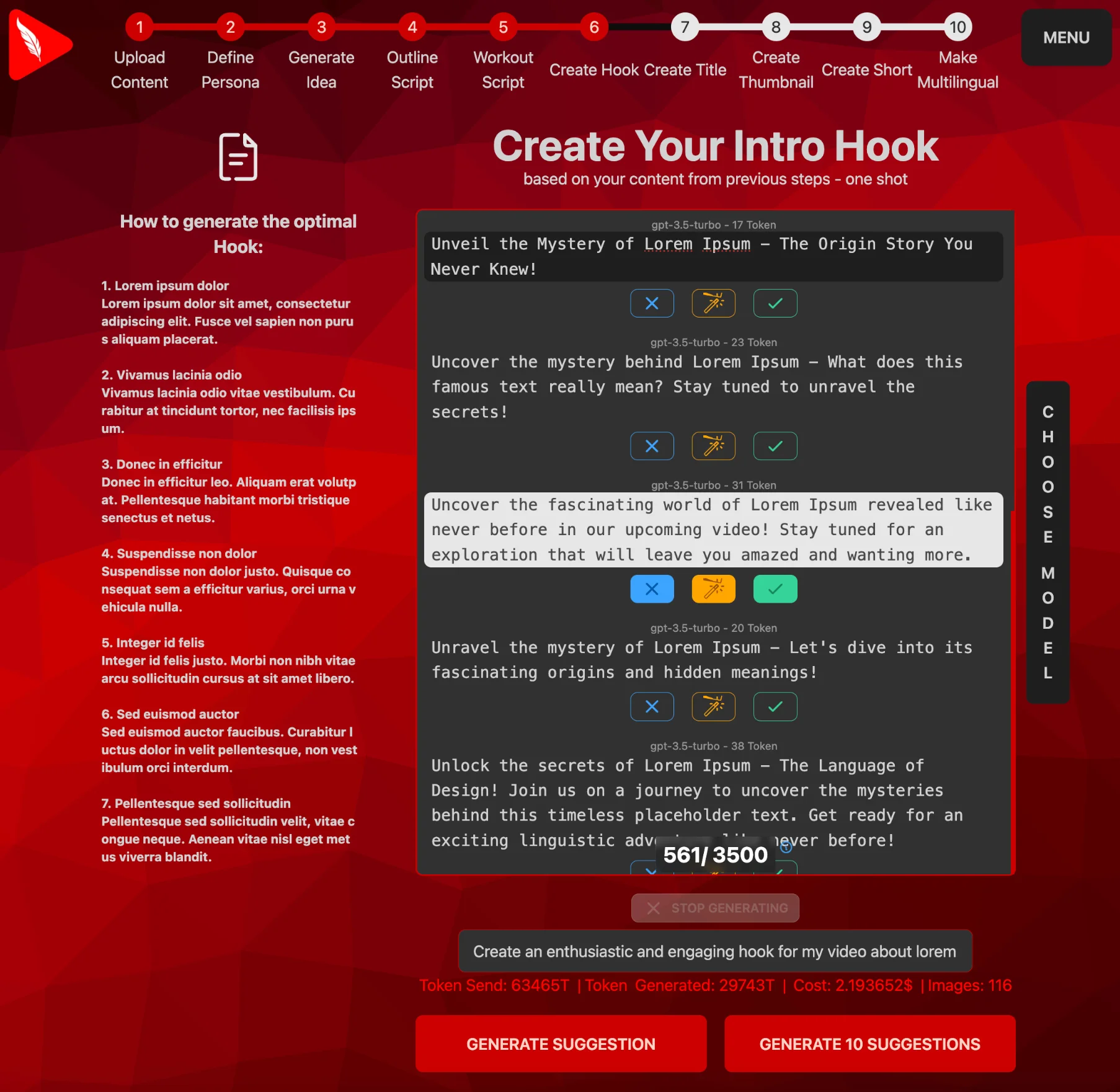 Interactive chat window to create a video hook via AI
