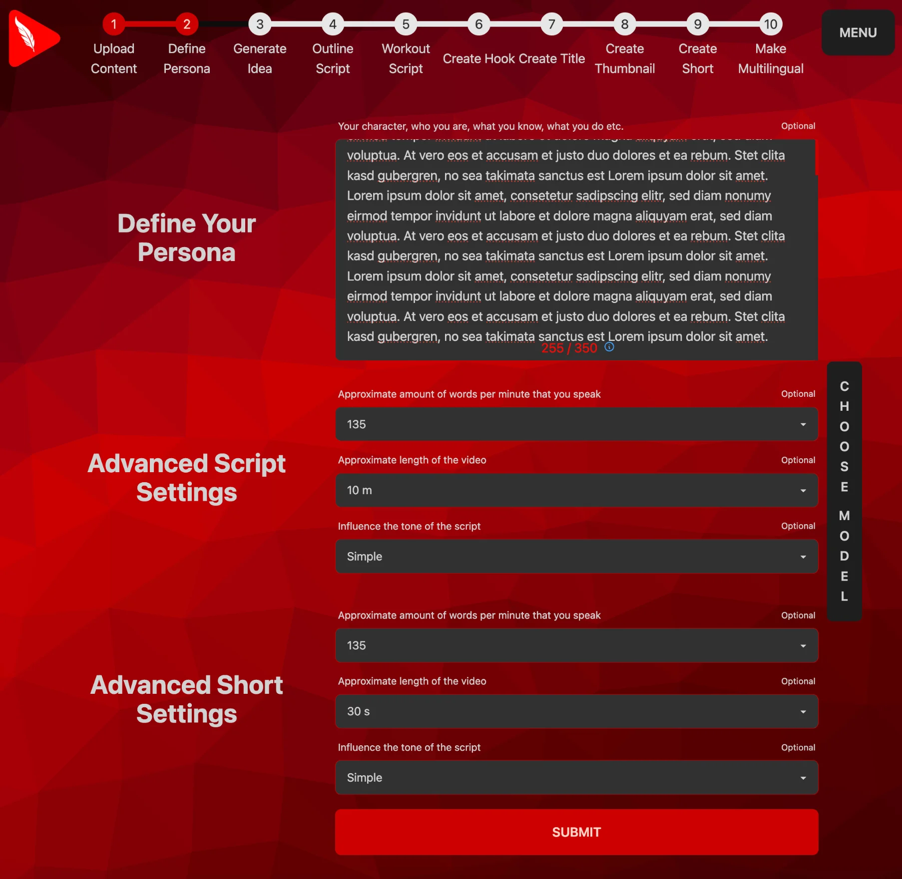 UI to set all the settings and upload all the necessary content to define your persona