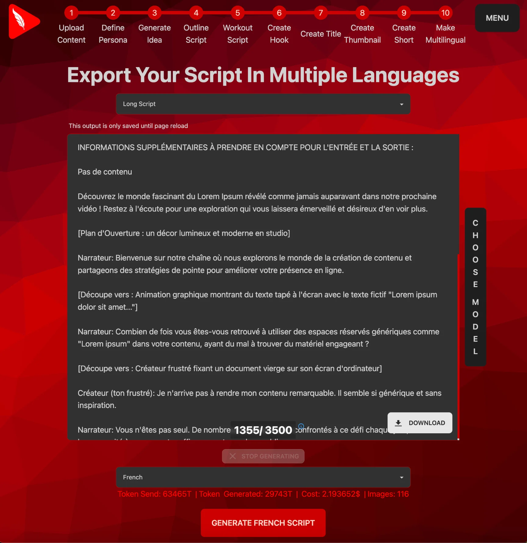 Input window with multiple language options to export your final script as formatted .pdf