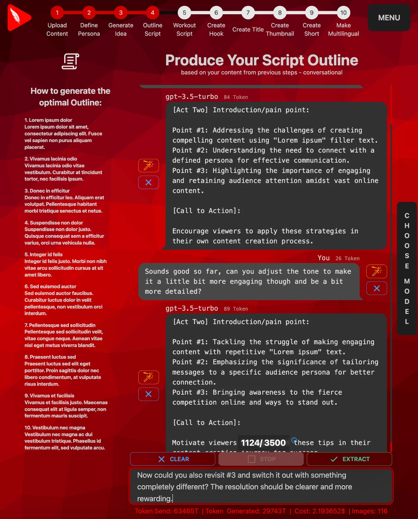 Interactive chat window to generating a script outline while conversing with AI