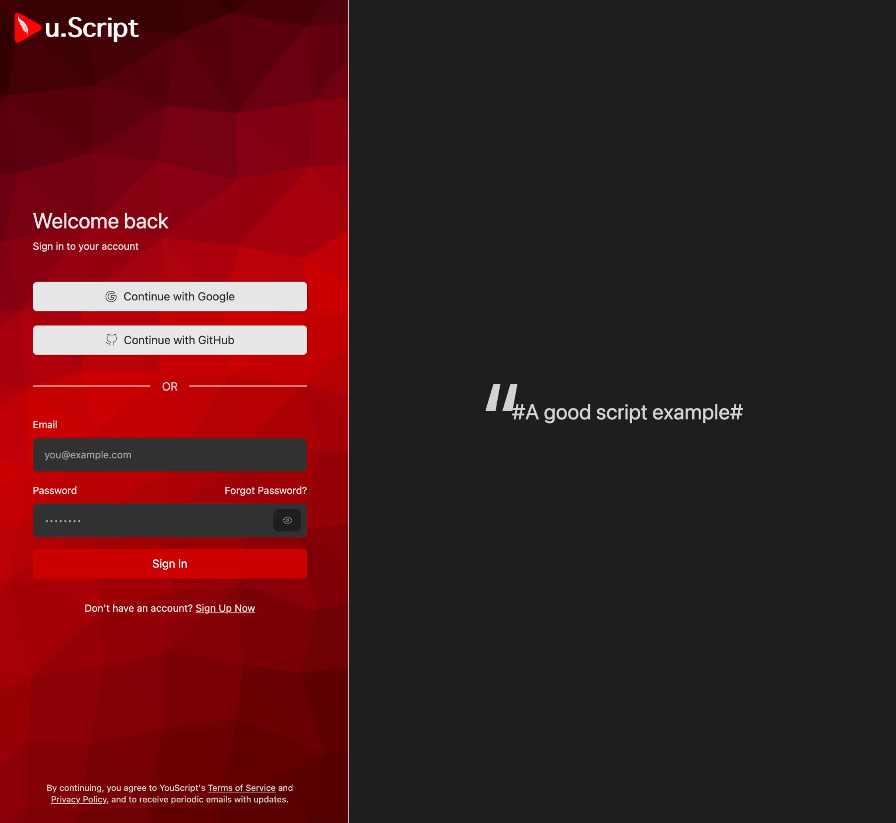 Applications sign-in and sign-up page