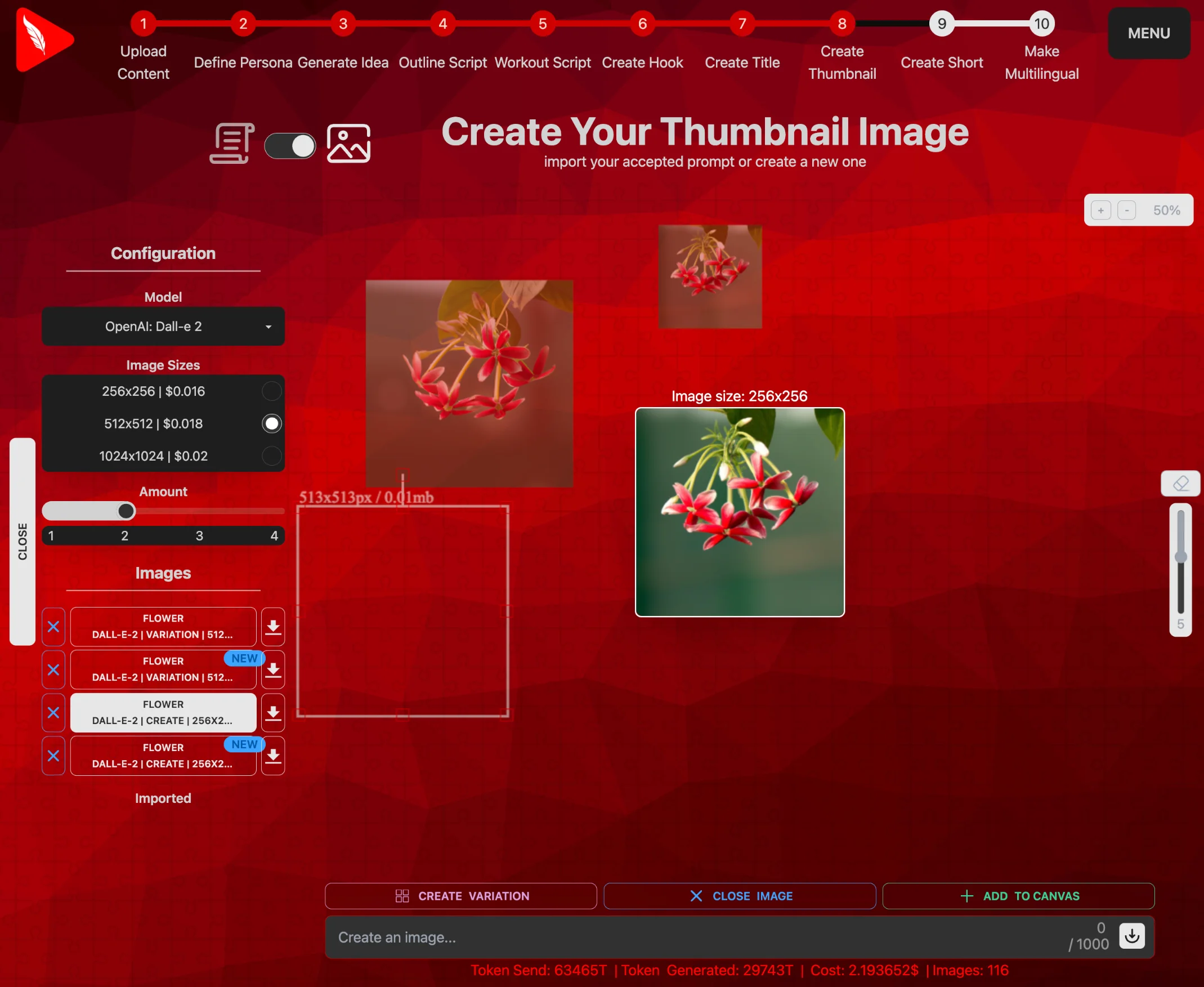 Inbuilt image editor showing multiple imported images, multiple generated images, the canvas and the image generation settings