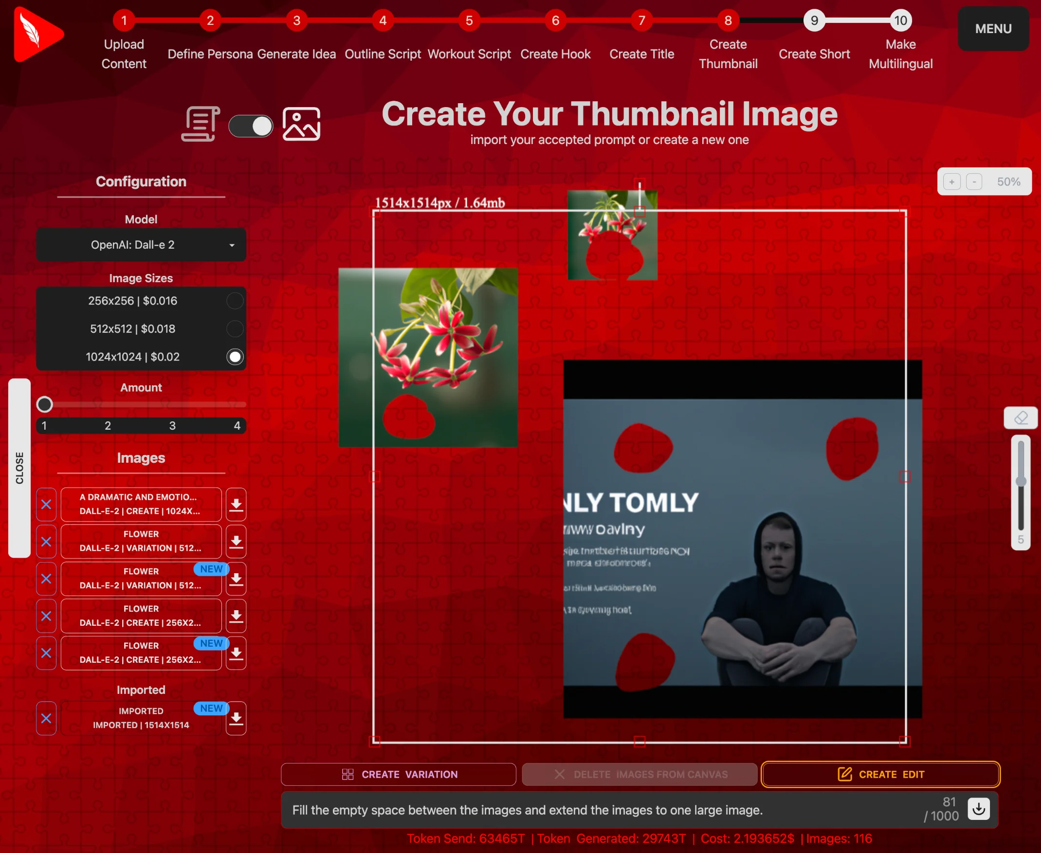 Inbuilt image editor showing the option to create a new AI generated edit of multiple edited images on the canvas