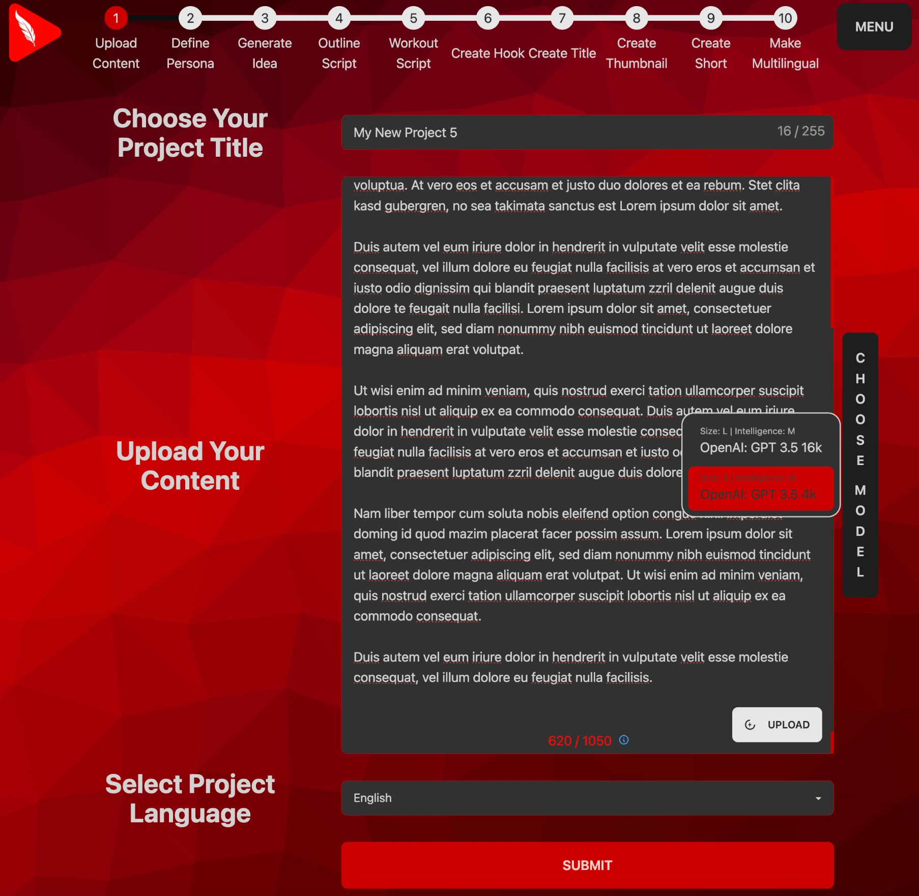 UI to set all the settings and upload all the initial content for the script generation