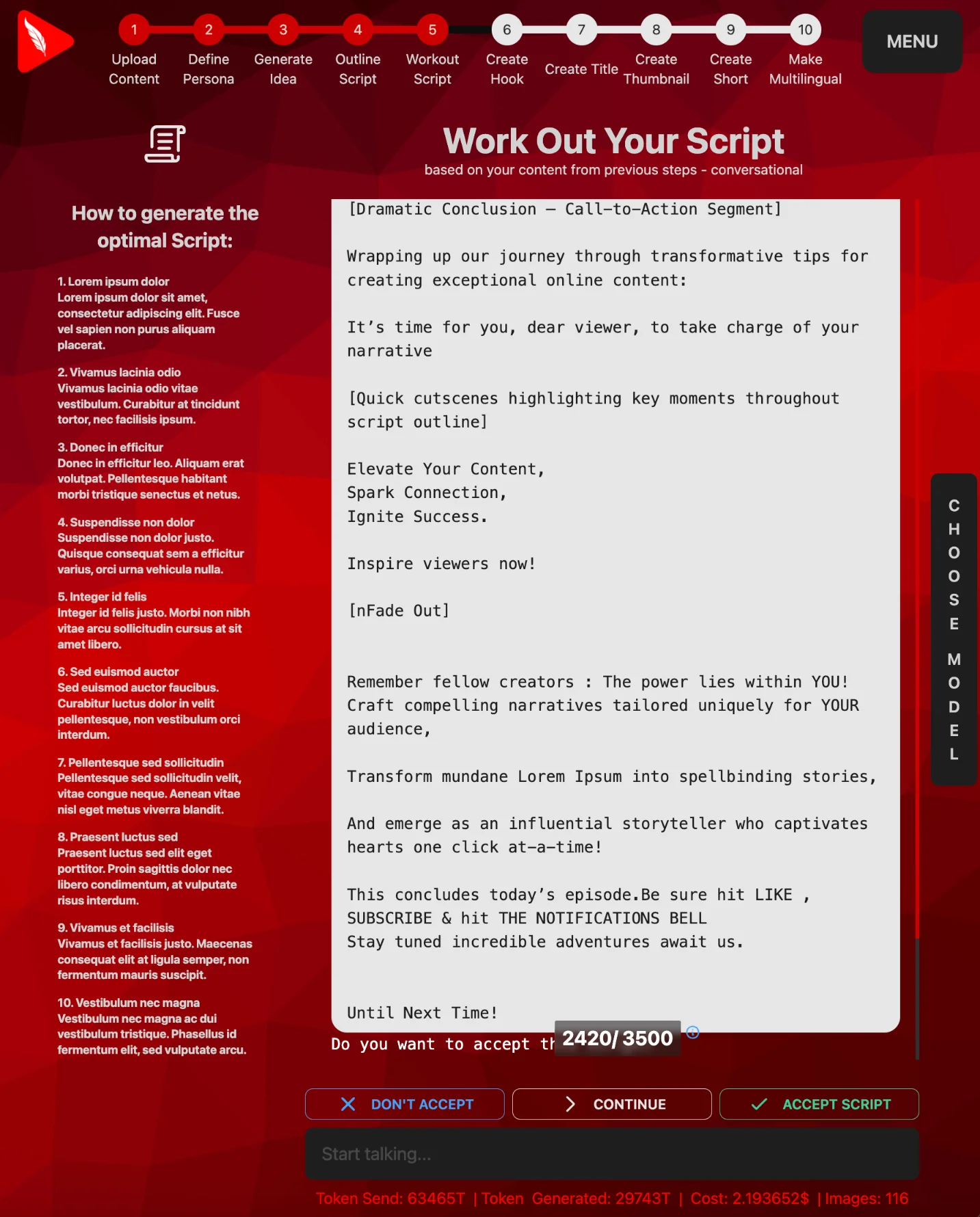 Interactive chat window to workout a full script while conversing with AI